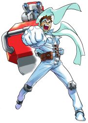  1990s_(style) 1998 1boy absurdres bengus brown_hair bx-02_blodia capcom cyberbots fist_pump furrowed_brow game_cg headband highres looking_at_viewer male_focus marvel marvel_vs._capcom mecha muscular non-web_source official_art open_mouth retro_artstyle roaring robot saotome_jin solo spikes variant_armor white_headband 