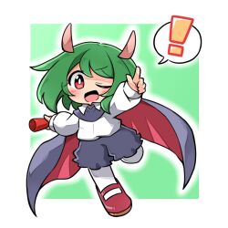  ! 1girl :d alternate_eye_color antennae black_cape black_shorts blush cape collared_shirt commentary_request full_body green_background green_hair holding kica28v long_sleeves looking_at_viewer mary_janes one_eye_closed open_mouth pantyhose red_cape red_eyes red_shoes relay_baton shirt shoes short_hair shorts smile solo spoken_exclamation_mark touhou two-sided_cape two-sided_fabric two-tone_background white_background white_pantyhose white_shirt wriggle_day wriggle_nightbug 