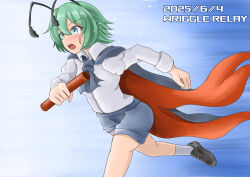  1girl absurdres antennae black_cape black_shoes blue_background blue_shorts blush cape collared_shirt commentary_request dated foot_out_of_frame green_eyes green_hair highres long_sleeves looking_afar mary_janes namonakisamurai open_mouth red_cape relay_baton running shirt shoes short_hair shorts solo teeth touhou two-sided_cape two-sided_fabric upper_teeth_only white_shirt wriggle_day wriggle_nightbug 