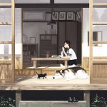  cat dog drinking house husky kusanagi_koyori original school_uniform serafuku straw 