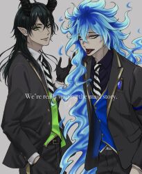  2boys black_hair black_suit blue_hair blue_vest commentary_request cowboy_shot dragon_boy dragon_horns english_text fiery_hair green_eyes green_vest grey_background hands_in_pockets highres horns idia_shroud long_hair looking_at_viewer male_focus malleus_draconia multiple_boys night_raven_college_uniform sharp_teeth simple_background slit_pupils suit teeth tongue tongue_out twisted_wonderland ukichan12011 very_long_hair vest yellow_eyes 