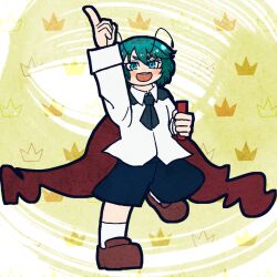  1girl :d antennae black_cape black_shorts blue_eyes blush brown_shoes cape collared_shirt commentary_request full_body green_hair index_finger_raised kukino_esuna loafers long_sleeves looking_at_viewer open_mouth pointing pointing_up red_cape relay_baton shirt shoes short_hair shorts smile socks solo standing standing_on_one_leg teeth touhou two-sided_cape two-sided_fabric upper_teeth_only v-shaped_eyebrows white_shirt white_socks wriggle_day wriggle_nightbug 