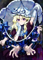  1girl absurdres blonde_hair bow commentary_request disembodied_eye dress frilled_umbrella frills gap_(touhou) gloves hair_ribbon hat hat_ribbon highres kimura8556spsk long_hair looking_at_viewer mob_cap official_alternate_color reaching reaching_towards_viewer ribbon smile touhou umbrella violet_eyes white_umbrella yakumo_yukari 