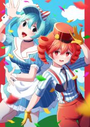  2girls alternate_costume apron aqua_hair arm_at_side arm_up black_choker black_necktie blue_dress blue_hat blue_sky blush bow breasts buttons choker clouds collarbone collared_dress collared_shirt confetti cowboy_shot diagonal-striped_bow dress dress_shoes drill_hair floating_clothes gloves hair_between_eyes hand_up hashtag-only_commentary hat hat_bow hatsune_miku highres jumping kasane_teto kepi letterboxed looking_at_another looking_at_viewer mesmerizer_(vocaloid) military_hat mizuno_illust multiple_girls necktie open_mouth pants pinstripe_dress pinstripe_hat pinstripe_pattern red_bow red_eyes red_hat red_pants sailor_collar sharp_teeth shirt short_sleeves sky sleeves_rolled_up small_breasts smiley_hat_ornament socks solid_circle_eyes striped_bow suspenders sweatdrop teeth tongue tongue_out twin_drills twintails utau vocaloid waist_apron white_apron white_bow white_sailor_collar white_socks white_wrist_cuffs wing_collar wrist_cuffs yellow_gloves 