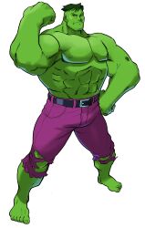  1990s_(style) 1998 1boy absurdres belt bengus capcom colored_skin flexing game_cg green_skin hand_on_own_hip highres hulk looking_at_viewer male_focus marvel marvel_vs._capcom muscular no_shoes non-web_source official_art pants purple_pants retro_artstyle short_hair torn_clothes torn_pants 