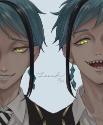  2boys blue_background blue_hair brothers commentary_request floyd_leech highres jade_leech looking_at_viewer male_focus multiple_boys night_raven_college_uniform portrait sharp_teeth short_hair siblings simple_background teeth twins twisted_wonderland ukichan12011 yellow_eyes 