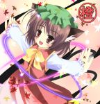  brown_hair cat_ears cat_tail chen china_dress chinadress chinese_clothes earrings hat jewelry leaf leaves nagatsuki_rio ribbon ribbons short_hair tail touhou 