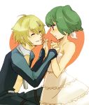  1girl bad_id blonde_hair brera_sterne closed_eyes couple dress green_hair hair_ornament hairpin hand_holding heart holding_hands macross macross_frontier ranka_lee red_eyes short_hair smile tears twintails yoshi_92 