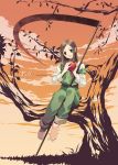  apples barefoot brown_hair elysion feet food fruit green_eyes long_hair mashimaro overalls scythe sitting sound_horizon tree trees yield 