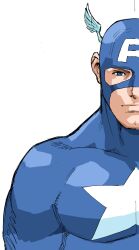  1990s_(style) 1998 1boy bengus blue_bodysuit blue_eyes bodysuit capcom captain_america close-up game_cg highres male_focus marvel marvel_vs._capcom mask muscular non-web_source official_art retro_artstyle simple_background solo split_image star_(symbol) superhero_costume upper_body 