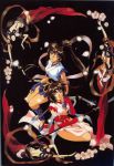  amatsu_ai amatsu_mai brown_hair elbow_gloves fingerless_gloves flower gloves highres japanese_clothes long_hair ponytail poster purple_eyes rin-sin scan short_hair siblings sisters sitting skirt smile sword twin_angels twins violet_eyes weapon yellow_eyes 