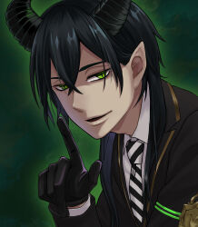  1boy absurdres black_gloves black_hair commentary_request dragon_boy dragon_horns gloves green_background green_eyes highres horns index_finger_raised looking_at_viewer male_focus malleus_draconia night_raven_college_uniform pointy_ears short_hair slit_pupils solo twisted_wonderland ukichan12011 upper_body 