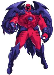  1990s_(style) 1998 1boy absurdres armor bengus bodysuit capcom claws game_cg giant glowing glowing_eyes helmet highres looking_at_viewer marvel marvel_vs._capcom muscular non-web_source official_art onslaught_(x-men) red_bodysuit retro_artstyle solo western_comics_(style) wings 
