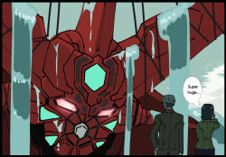  1boy 1girl armor back black_hair butter-t challia_bull clouds commentary comoli_harcourt crossover english_commentary english_text getter_emperor getter_rays getter_robo getter_robo_arc gloves glowing glowing_eyes green_hair green_light gundam gundam_gquuuuuux hanging jacket long_sleeves mecha military_jacket military_uniform outdoors red_armor robot scene_reference science_fiction shirt short_hair skirt sky speech_bubble super_robot thought_bubble water yellow_eyes 