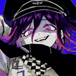  1boy black_cloak blue_background buttons checkered_clothes checkered_scarf cloak crazy_eyes crazy_smile danganronpa_(series) danganronpa_v3:_killing_harmony english_commentary eyelashes ff9900 flipped_hair glowing glowing_eyes hair_between_eyes hat highres looking_at_viewer male_focus medium_hair oma_kokichi open_mouth partially_shaded_face peaked_cap portrait ringed_eyes scarf simple_background smile smirk solo teeth two-tone_scarf violet_eyes 