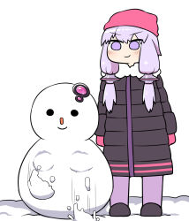  1girl beanie gloves hat highres jacket pink_hair rantana_(lalalalackluster) snow snowman solo violet_eyes voiceroid yuzuki_yukari 