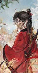  1boy absurdres artist_request bags_under_eyes bandaged_hand bandages bird black_hair blue_sky chinese_clothes chinese_commentary clouds coin coin_mask coin_on_string coin_sword commission covered_mouth dao_gui_yi_xian day eyelashes gourd grass hair_bun hair_ribbon half_updo hand_up hanfu highres holed_coin leaf li_huowang long_hair long_sleeves looking_at_animal male_focus mask messy_hair mouth_veil nail_polish outdoors red_eyes red_hanfu red_nails red_ribbon reeds ribbon robe sample_watermark sash second-party_source sheath sheathed single_hair_bun sky solo sword sword_on_back tassel upper_body veil watermark weapon weapon_on_back white_bird wide_sleeves 