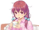  1girl :o blush brown_hair bust cup hair_ornament holding_cup jpeg_artifacts komase_(jkp423) low_twintails open_mouth pajamas pillow solo steam violet_eyes 