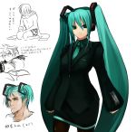  blue_hair formal green_hair hatsune_miku kagamine_len kaito long_hair necktie pantyhose pupps skirt_suit suit translated translation_request twintails very_long_hair vocaloid 