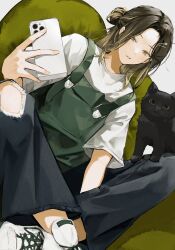  1boy absurdres animal black_cat blush brown_hair cat character_request copyright_request couch denim eyelashes fingernails grey_background highres jeans looking_at_object male_focus multicolored_hair myanya pants parted_lips shirt shoes short_sleeves sitting sneakers solo streaked_hair white_shirt white_sneakers 