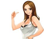  a1 bra breasts brown_hair cleavage grey_eyes jewelry lingerie long_hair necklace smile thumbs_up underwear 