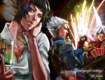 black_hair brothers card cards chair chin_rest dante devil_may_cry devil_may_cry_3 fireworks henyo heterochromia holding holding_card jester joker lady playing_card poker popped_collar siblings vergil white_hair 