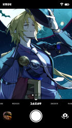  1boy absurdres blonde_hair earrings english_commentary fedora film_grain full_moon hat heterochromia highres hugo_vlad jewelry long_hair long_sleeves looking_at_viewer medal moon multiple_rings necktie night night_sky official_art painting_(object) pointy_ears purple_necktie purple_suit red_eyes ring sky smile solo star_(sky) starry_sky suit user_interface zenless_zone_zero 