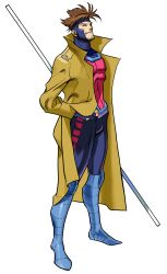  1990s_(style) 1998 1boy absurdres bengus black_eyes bodysuit brown_hair capcom coat fingerless_gloves gambit game_cg gloves highres jacket male_focus marvel marvel_vs._capcom non-web_source official_art red_pupils retro_artstyle solo staff superhero_costume trench_coat x-men 
