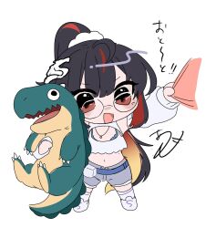  1girl ahoge alisame belt black_hair bra bra_peek cleavage_cutout clothing_cutout detached_sleeves dinosaur glasses goddess_of_victory:_nikke highres holding long_hair moran_(nikke) moran_(off-duty_queen)_(nikke) multicolored_hair navel official_alternate_costume open_mouth ponytail red_hair round_eyewear shirt shorts streaked_hair torn_clothes torn_shorts toy_dinosaur triceratops tyrannosaurus_rex underwear white_background 