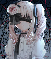  1girl 25-ji_nightcord_de._(project_sekai) akiyama_mizuki arisuuuuu.1436 blindfold flower frills highres keikyoku_no_machi_wa_doko_e_(project_sekai) kurai_heya one_side_up project_sekai rose 