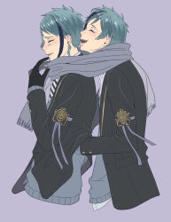  2boys black_gloves black_jacket blue_hair brothers closed_eyes commentary_request cropped_torso facing_to_the_side floyd_leech gloves grey_scarf grey_sweater_vest highres jacket jade_leech male_focus multiple_boys night_raven_college_uniform purple_background scarf shared_clothes shared_scarf sharp_teeth short_hair siblings simple_background sweater_vest teeth twins twisted_wonderland ukichan12011 upper_body 