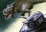  dinosaur dutch_angle epic military military_vehicle no_humans sharp_teeth tank teeth tiger_(tank) tnt_(pixiv) tyrannosaurus_rex vehicle world_war_ii 