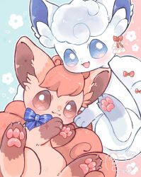  :3 alolan_vulpix blue_background blue_eyes blush bow brown_eyes closed_mouth commentary flower_symbol highres looking_at_viewer maaari_pkmn no_humans open_mouth outline pink_background pokemon pokemon_(creature) purple_bow red_bow signature smile symbol-only_commentary two-tone_background vulpix white_outline 