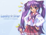  1024x768 hands_on_hips hands_on_the_waist hiiragi_kagami hiiragi_tsukasa komatsu_eiji long_hair lucky_star purple_hair school_uniform serafuku short_hair twintails wallpaper 