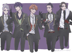  5boys 8-foot_joe apple_poison black_gloves black_hair brown_hair cellphone commentary_request cowboy_shot cropped_legs disney disneyland gloves highres holding holding_phone jack_heart male_focus marfie mr._dalmatia multiple_boys night_raven_college_uniform phone purple_background purple_hair recruiters_(disney) school_uniform short_hair simple_background smartphone ukichan12011 vest 