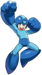  1990s_(style) 1998 1boy absurdres android bengus blue_bodysuit blue_eyes bodysuit capcom clenched_hand fist_pump game_cg gloves helmet highres jumping male_focus marvel marvel_vs._capcom mega_man_(character) mega_man_(series) non-web_source official_art open_mouth retro_artstyle robot smile solo weapon 