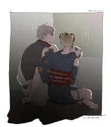 1boy 1girl black_shirt blonde_hair blue_kimono blue_sleeves commentary commentary_request detached_sleeves fishnet_thighhighs fishnets from_behind gintama grey_hair hadanugi_dousa hair_ornament hand_fan highres holding holding_fan japanese_clothes kimono leaf_print long_sleeves mo_mo_rice party_popper red_sash sakata_gintoki sash shirt short_hair short_sleeves side_slit sitting sleeveless sleeveless_kimono speech_bubble thigh-highs translation_request tsukuyo_(gintama) 