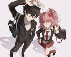  1boy 1girl amamiya_ren arm_up bag black-framed_eyewear black_hair black_jacket black_shoes blazer card collared_shirt commentary_request crossover dullnoko from_above grey_eyes grin hair_ornament hand_in_pocket highres hinamori_amu holding holding_bag holding_card jacket lapels leg_warmers looking_at_viewer morgana_(cat)_(persona_5) morgana_(persona_5) necktie notched_lapels one_side_up pants persona persona_5 pink_hair plaid_clothes plaid_leg_warmers plaid_pants plaid_skirt playing_card pleated_skirt red_leg_warmers red_necktie red_skirt school_bag school_uniform seiyo_academy_school_uniform shadow shirt shoes shoulder_bag shugo_chara! shuujin_academy_school_uniform simple_background skirt smile tuxedo_cat white_background white_shirt x_hair_ornament yellow_eyes 