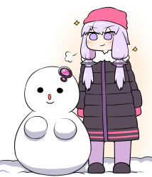  1girl beanie doyagao gloves hat highres jacket pink_hair rantana_(lalalalackluster) smug snow snowman solo violet_eyes voiceroid yuzuki_yukari 