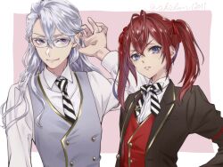  2boys adjusting_eyewear alternate_hair_length alternate_hairstyle azul_ashengrotto blue_eyes commentary_request glasses grey_vest highres long_hair male_focus mole mole_under_eye multiple_boys night_raven_college_uniform pink_background red_hair red_vest riddle_rosehearts school_uniform shirt simple_background twintails twisted_wonderland ukichan12011 upper_body vest violet_eyes white_hair white_shirt 