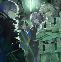  4boys bare_shoulders belt belt_buckle black_belt black_jacket black_pants black_vest blue_eyes blue_hair blue_necktie braid buckle clock closed_mouth collared_shirt commentary crossed_arms dytica_(nijisanji) frown green_eyes hair_between_eyes heterochromia highres hoshirube_sho hoshirube_sho_(2nd_costume) inami_rai jacket kohaa_ku koyanagi_rou koyanagi_rou_(2nd_costume) lapels looking_at_viewer looking_down male_focus multicolored_hair multiple_boys murakumo_kagetsu necktie nijisanji notched_lapels open_mouth otomo_(hoshirube_sho) pants parted_bangs parted_lips pink_eyes purple_hair shirt short_hair side_braid sleeveless sleeveless_shirt smile streaked_hair striped_clothes striped_jacket striped_shirt teeth upper_teeth_only vertical-striped_clothes vertical-striped_jacket vertical-striped_shirt vest violet_eyes virtual_youtuber watakumo_(murakumo_kagetsu) white_hair white_jacket white_shirt wing_collar 