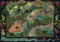  animal architecture bird border building bull cat circlet clothesline complex_exterior crown east_asian_architecture flower goat highres horns lying monster original ornate_border people plant rug sethpuertoluna 