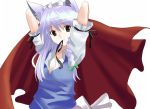  animal_ears arms_behind_head bad_id black_eyes bow braid cape hair_bow hyakuen_raitaa izayoi_sakuya jpeg_artifacts kemonomimi_mode lavender_hair maid maid_headdress mouth_hold side_braid touhou untied 