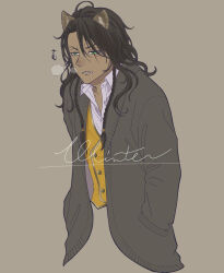  1boy breath brown_background brown_cardigan brown_hair cardigan commentary_request cropped_torso dark-skinned_male dark_skin fangs green_eyes hands_in_pockets highres leona_kingscholar long_hair male_focus night_raven_college_uniform simple_background solo twisted_wonderland ukichan12011 upper_body vest yellow_vest 