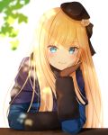  1girl arm_support backlighting bangs beret blonde_hair blue_coat blue_eyes blush bow brown_bow brown_gloves brown_headwear closed_mouth commentary_request eyebrows_visible_through_hair fate_(series) flower gloves hair_bow hair_flower hair_ornament hat head_in_hand light_smile long_hair long_sleeves lord_el-melloi_ii_case_files nasii reines_el-melloi_archisorte rose simple_background solo upper_body v-shaped_eyebrows white_background white_flower white_rose 