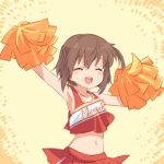  1girl arm_up armpits arms_up bangs bare_arms blush brown_hair cheerleader closed_eyes clothes_writing crop_top etou_kanami eyebrows_visible_through_hair hair_between_eyes holding midriff miniskirt navel one_side_up open_mouth outstretched_arms pleated_skirt pom_poms short_hair simple_background skirt sleeveless smile solo standing stomach takano_natsuki toji_no_miko upper_body 