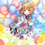  1girl :d absurdres animal_ears balloon bangs blue_bow blue_sky blush bow braid breasts brown_hair center_frills checkered checkered_skirt clouds cloudy_sky clover_hair_ornament commentary_request day dutch_angle eyebrows_behind_hair flower four-leaf_clover_hair_ornament frills gloves grass hair_bow hair_ornament half_gloves highres holding holding_balloon horizon huge_filesize ichiren_namiro long_hair looking_at_viewer open_mouth original outdoors pennant puffy_short_sleeves puffy_sleeves rabbit_ears red_eyes red_flower round_teeth shirt short_sleeves skirt sky small_breasts smile solo sparkle standing string_of_flags sunlight teeth thigh-highs twin_braids upper_teeth white_flower white_gloves white_legwear white_shirt windmill yellow_flower 