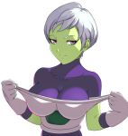  1girl bodysuit breasts cheelai dragon_ball dragon_ball_super dragon_ball_super_broly gloves green_skin half-closed_eyes medium_breasts pulled_by_self pulling seductive_smile short_hair simple_background smile solo stealthmaria upper_body violet_eyes white_background white_hair 