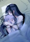  2girls 80mph bang_dream! bangs black_hair blue_ribbon hair_down hand_in_another&#039;s_hair hand_on_another&#039;s_head highres hug indoors long_hair lying multiple_girls nightgown on_side pillow purple_hair ribbon shirokane_rinko udagawa_ako under_covers violet_eyes window_shade yuri 