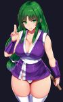  1girl bangs bare_shoulders black_background breasts cleavage closed_mouth collarbone commentary_request eyebrows_visible_through_hair ganbare_goemon green_eyes green_hair highres ishimiso_(ishimura) japanese_clothes large_breasts legs_together leotard long_hair looking_at_viewer low-tied_long_hair microskirt ninja panties pantyshot parted_bangs shiny shiny_hair simple_background skirt sleeveless smile solo standing thigh-highs underwear very_long_hair weapon white_legwear white_leotard wrist_guards yae_(ganbare_goemon) 